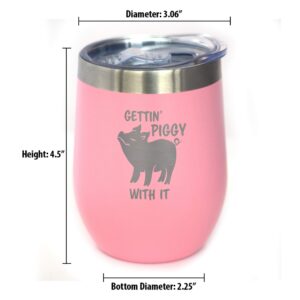 Bevvee Gettin Piggy - Wine Tumbler Glass with Sliding Lid - Stainless Steel Insulated Mug - Cute Pig Decor Gifts - Pink