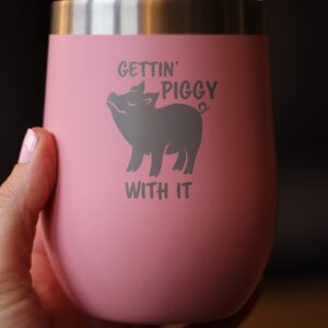 Bevvee Gettin Piggy - Wine Tumbler Glass with Sliding Lid - Stainless Steel Insulated Mug - Cute Pig Decor Gifts - Pink