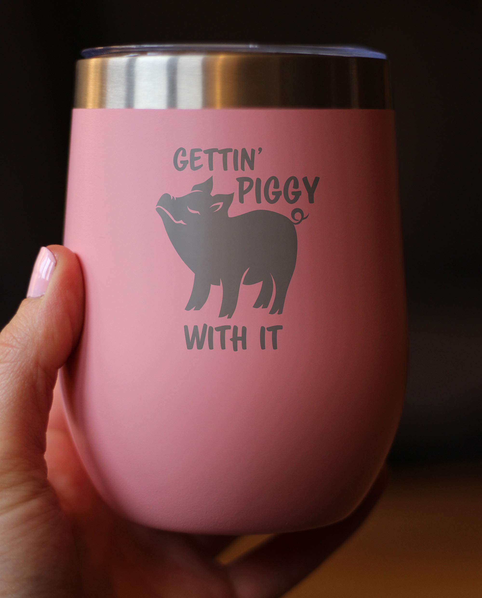 Bevvee Gettin Piggy - Wine Tumbler Glass with Sliding Lid - Stainless Steel Insulated Mug - Cute Pig Decor Gifts - Pink