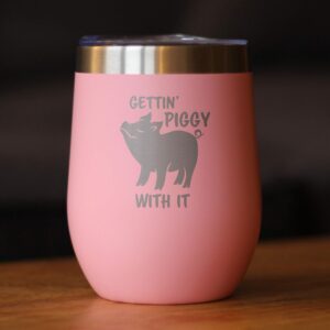 Bevvee Gettin Piggy - Wine Tumbler Glass with Sliding Lid - Stainless Steel Insulated Mug - Cute Pig Decor Gifts - Pink