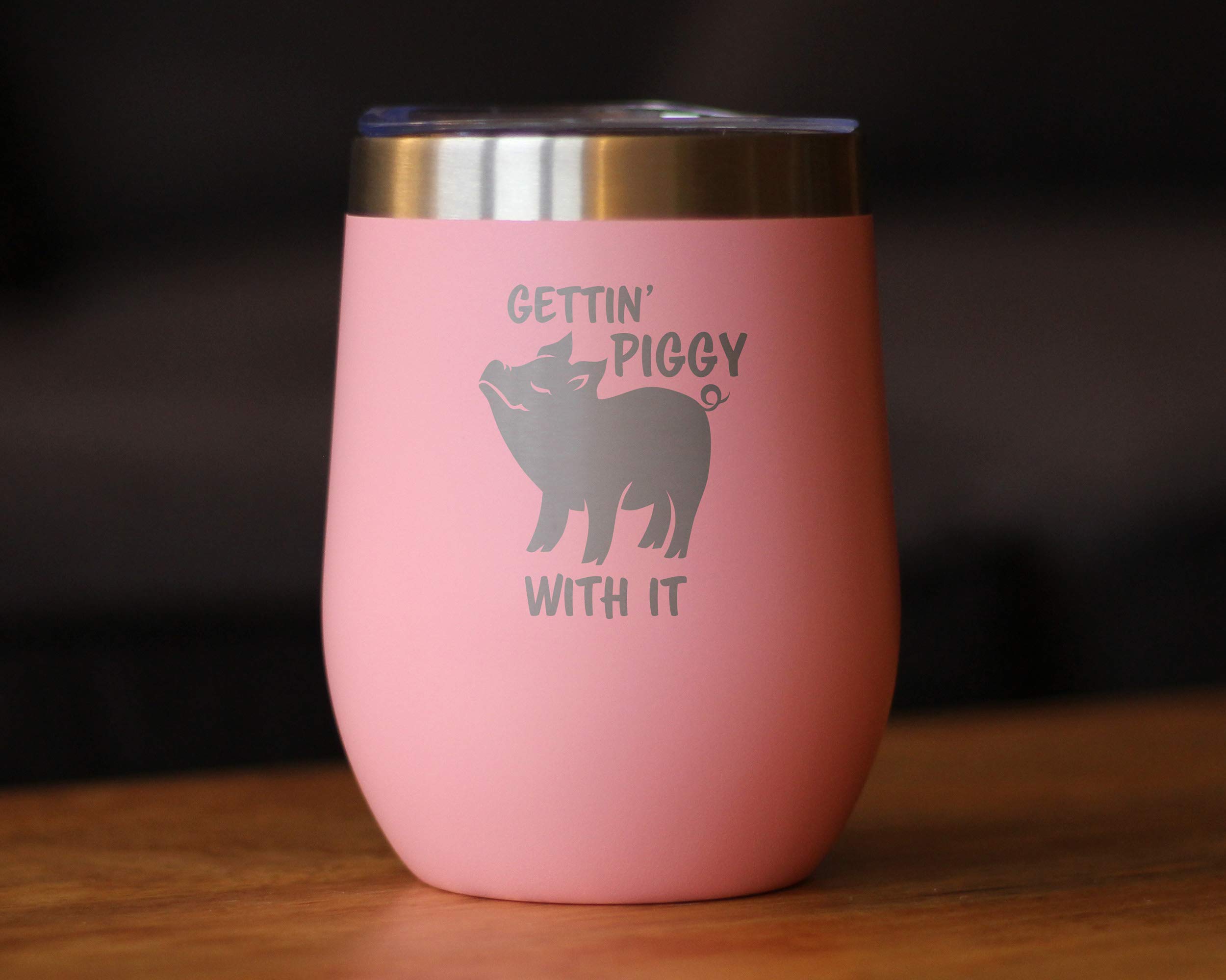 Bevvee Gettin Piggy - Wine Tumbler Glass with Sliding Lid - Stainless Steel Insulated Mug - Cute Pig Decor Gifts - Pink