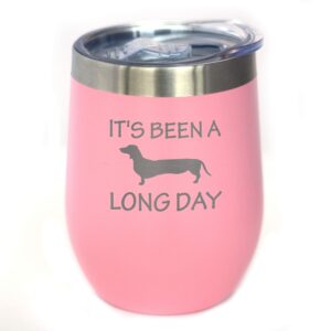 been a long day - dachshund wine tumbler with sliding lid - stemless stainless steel insulated cup - cute funny mug for coworkers or boss - pink