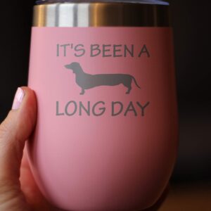 Been a Long Day - Dachshund Wine Tumbler with Sliding Lid - Stemless Stainless Steel Insulated Cup - Cute Funny Mug for Coworkers or Boss - Pink