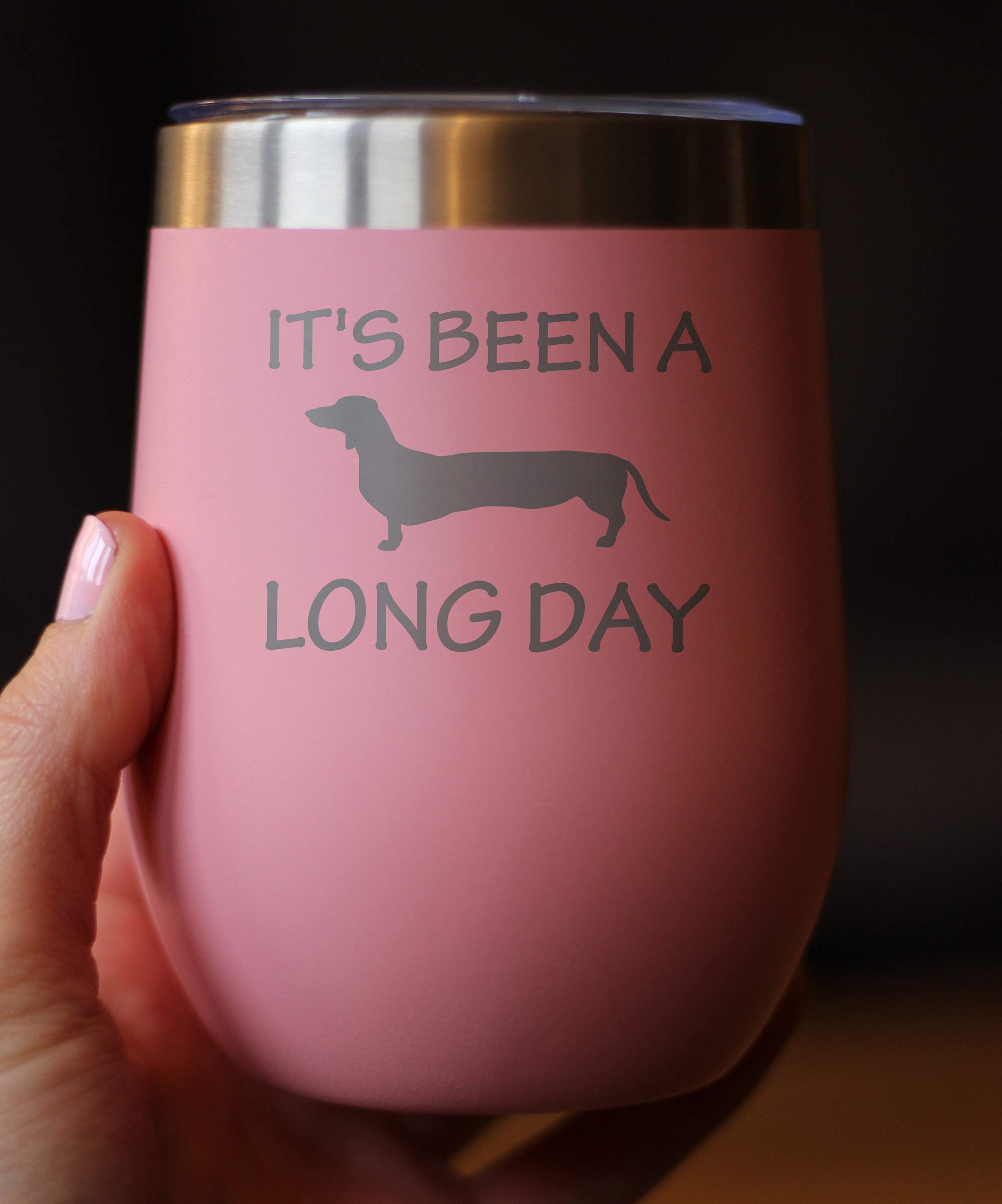 Been a Long Day - Dachshund Wine Tumbler with Sliding Lid - Stemless Stainless Steel Insulated Cup - Cute Funny Mug for Coworkers or Boss - Pink