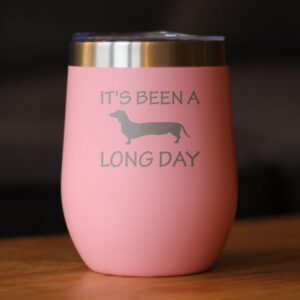 Been a Long Day - Dachshund Wine Tumbler with Sliding Lid - Stemless Stainless Steel Insulated Cup - Cute Funny Mug for Coworkers or Boss - Pink