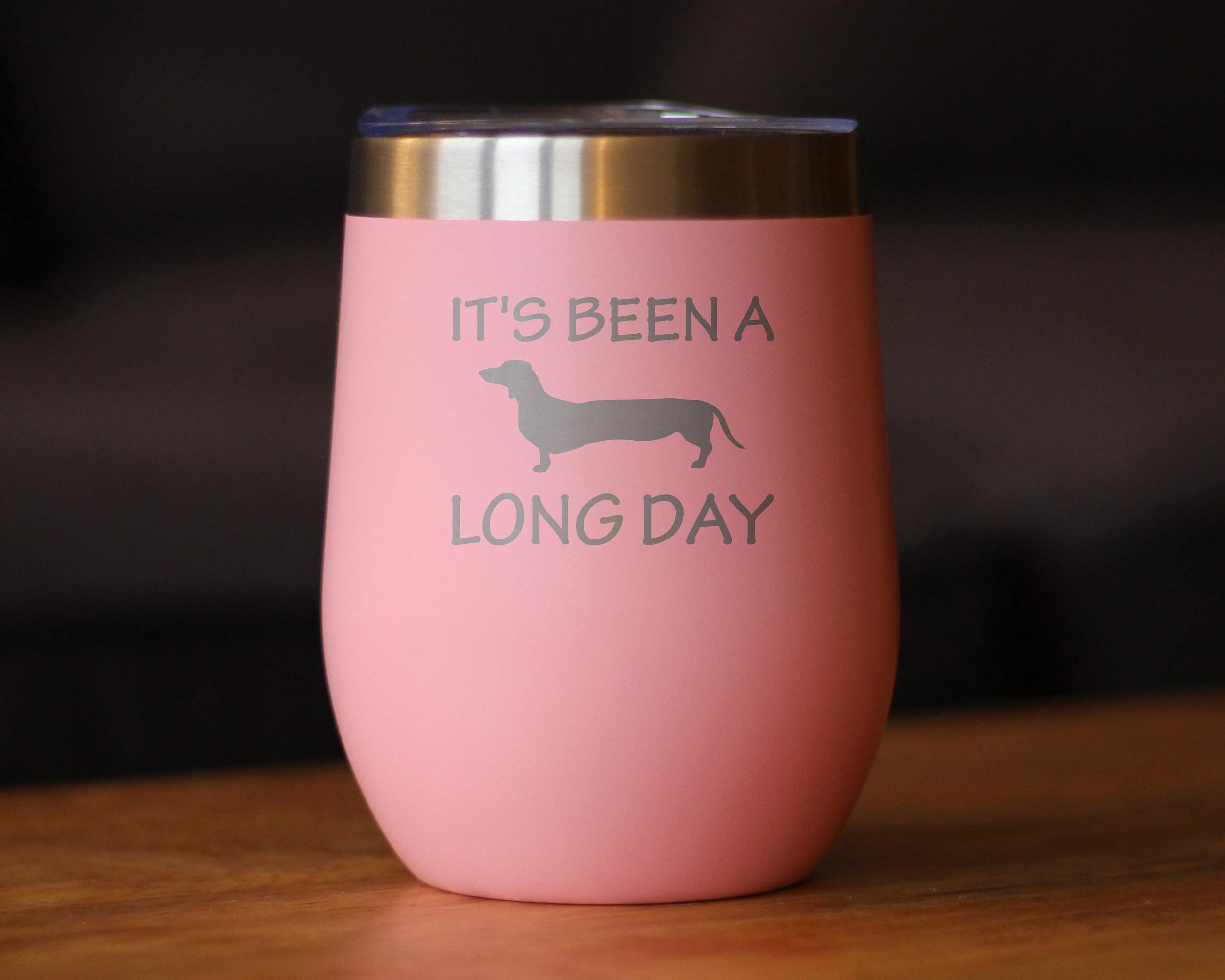 Been a Long Day - Dachshund Wine Tumbler with Sliding Lid - Stemless Stainless Steel Insulated Cup - Cute Funny Mug for Coworkers or Boss - Pink