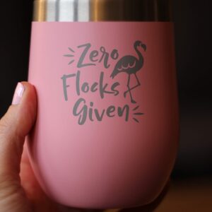 Zero Flocks Given - Flamingo Wine Tumbler with Sliding Lid - Stemless Stainless Steel Insulated Cup - Cute Funny Outdoor Camping Mug - Pink