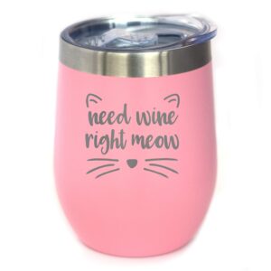 bevvee need wine right meow - cat wine tumbler glass with sliding lid - stemless stainless steel insulated cup - funny cute gifts - pink