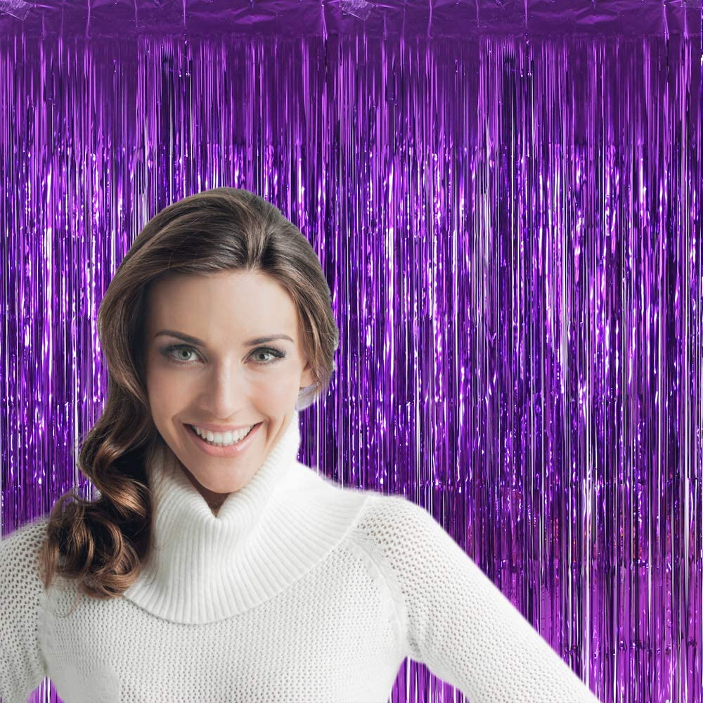 Purple Backdrop Curtains for Party Decorations - 6.5x8.2 ft, Pack of 2 | LILF Non-Marking Tape Foil Fringe Curtain Streamers Tinsel Backdrop for Birthday Bachelorette Party Photo Booth Props