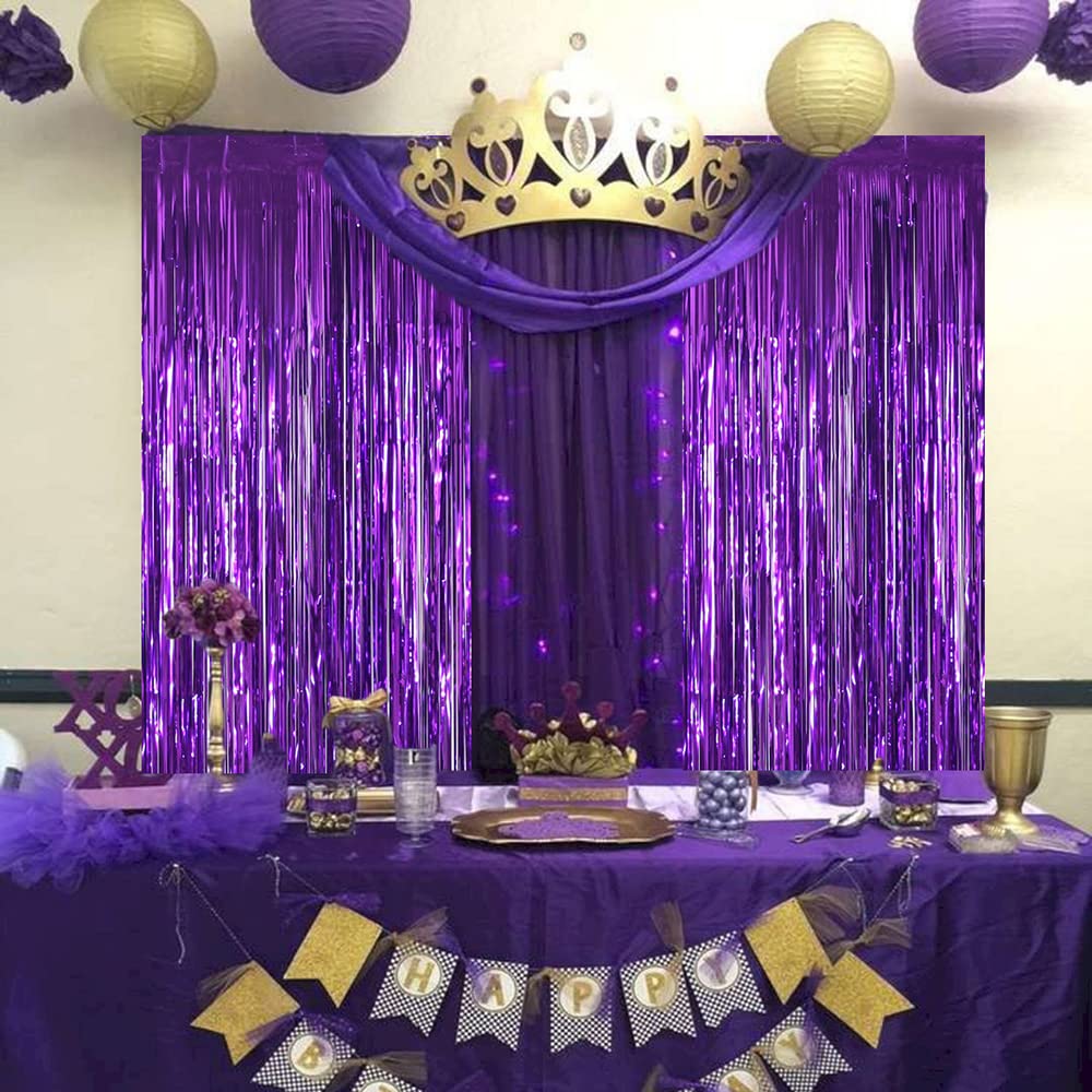 Purple Backdrop Curtains for Party Decorations - 6.5x8.2 ft, Pack of 2 | LILF Non-Marking Tape Foil Fringe Curtain Streamers Tinsel Backdrop for Birthday Bachelorette Party Photo Booth Props