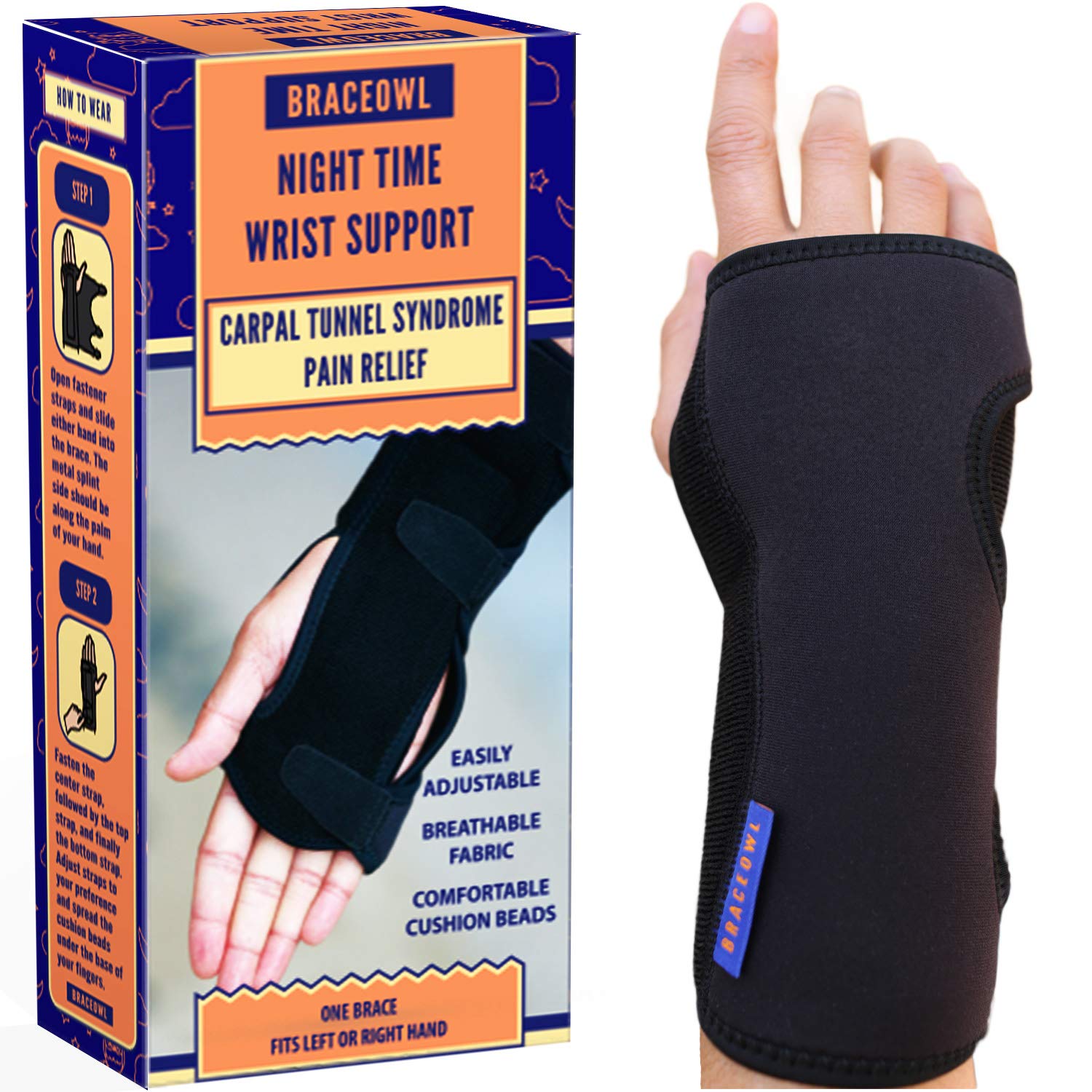 BRACEOWL Carpal Tunnel Wrist Brace, Night Sleep Support Splint - Fits Right Hand or Left Hand, Pain Relief, Support Brace for Women, Men.