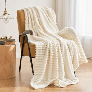 miulee cream white throw blanket 3d ribbed jacquard fleece flannel velvet plush decorative bed blanket (throw, 50" x 60") - super soft, lightweight, warm and cozy for couch sofa