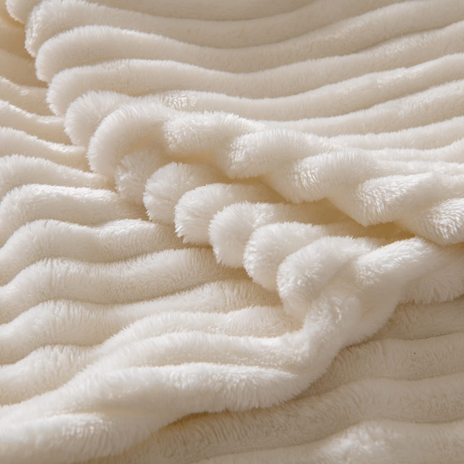 MIULEE Cream White Throw Blanket 3D Ribbed Jacquard Fleece Flannel Velvet Plush Decorative Bed Blanket (Throw, 50" x 60") - Super Soft, Lightweight, Warm and Cozy for Couch Sofa