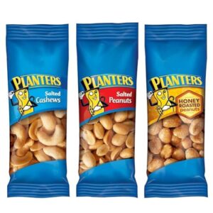 planters variety pack, salted cashews, salted peanuts & honey roasted peanuts, on-the-go nut snacks, individually packed snacks, quick snack for adults, after school snack, kosher, (36 pack)