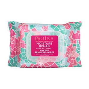 pacifica beauty, moisture rehab makeup removing wipes, daily cleansing, rose, coconut water, calendula, aloe, clean skin care, plant fiber facial towelettes, 30 count, vegan & cruelty free