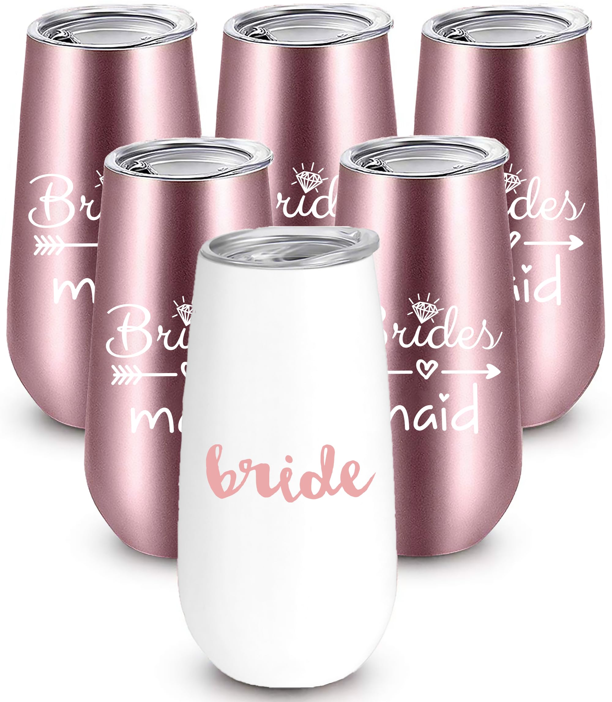 Bride to Be Champagne Flute | 6 oz Bride Tribe Stainless Steel Wine Tumblers | Engagement Wedding Gifts Bridesmaids Mugs Bachelorette Party Supplies & Games | Insulated Skinny Rose Gold Cups