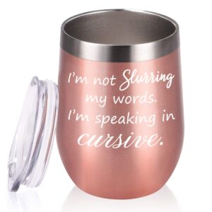 qtencas i'm not slurring my words i'm speaking in cursive wine tumbler, funny tumbler ideas for women friends sisters, 12 oz cute insulated stainless steel wine tumbler with lid