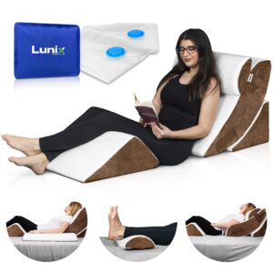 lunix lx5 4pcs orthopedic bed wedge pillow set, post surgery memory foam for back, leg pain relief, sitting pillow, adjustable pillows acid reflux and gerd for sleeping, with hot cold pack, brown