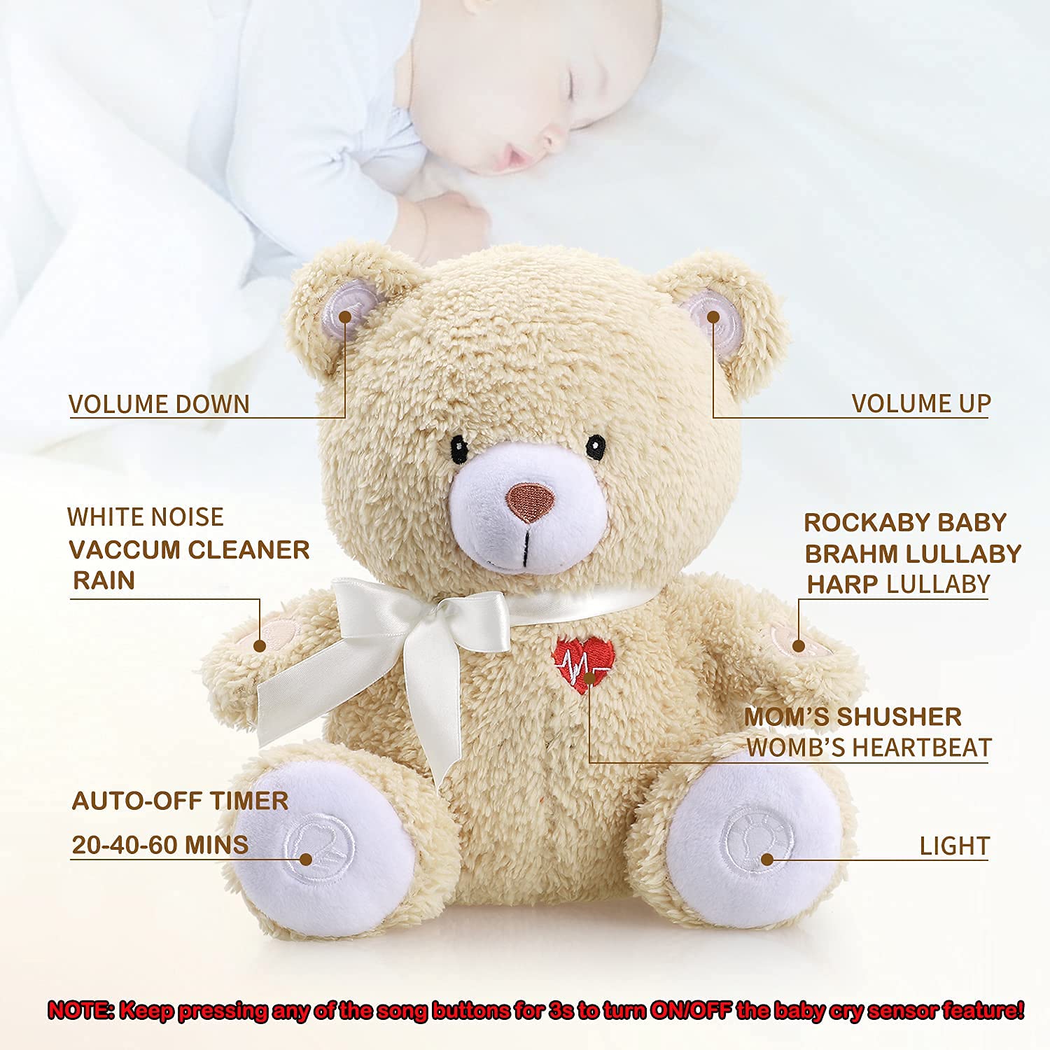 BEREST Sleeping Bear Baby Sleep Soother- Mom's Heartbeat White Noise Machine Infant Stuffed Animal Bear Toy Sleeping Aid, Nursery Decor with Baby Cry Sensor, Night Light, 9 Soothing Sounds Therapy