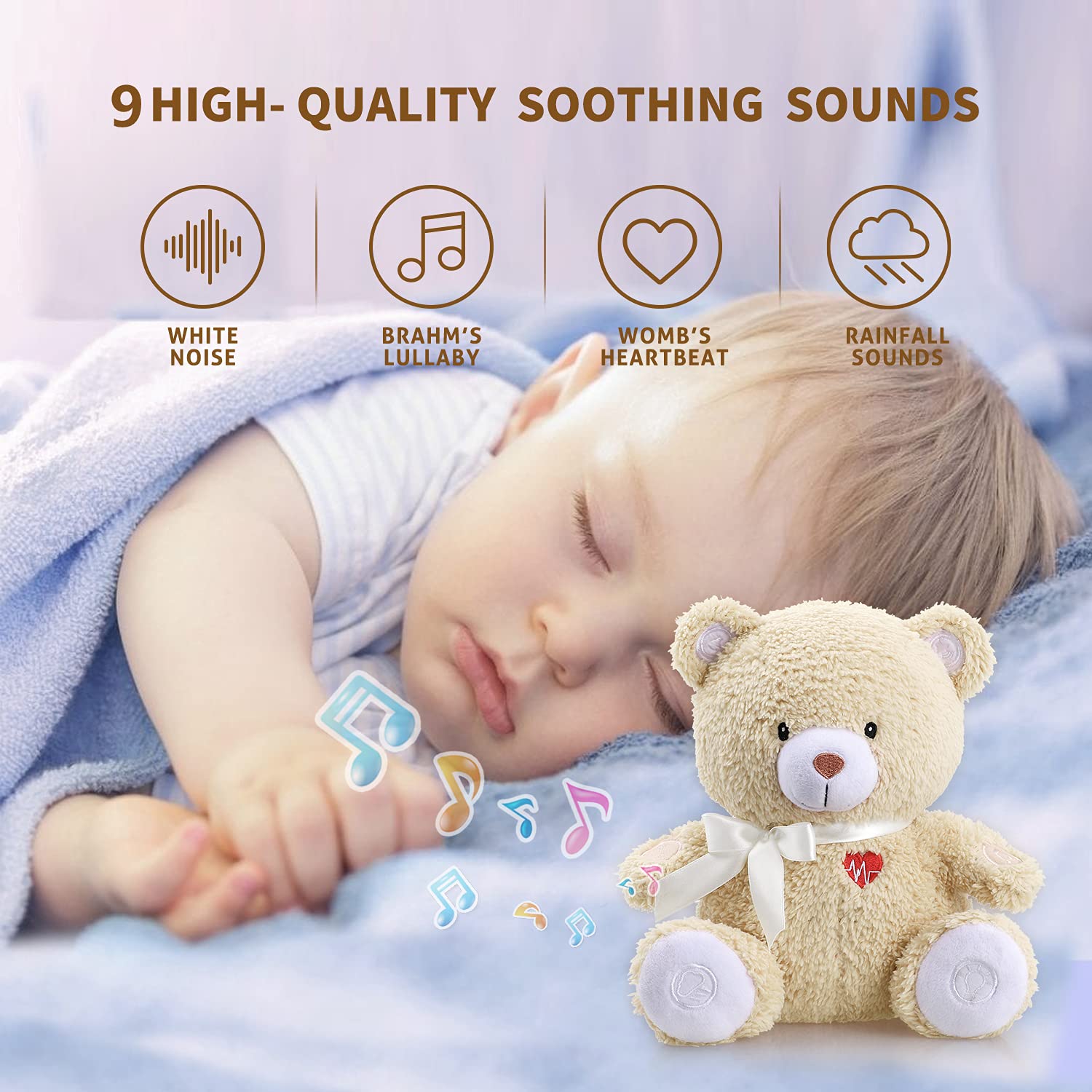 BEREST Sleeping Bear Baby Sleep Soother- Mom's Heartbeat White Noise Machine Infant Stuffed Animal Bear Toy Sleeping Aid, Nursery Decor with Baby Cry Sensor, Night Light, 9 Soothing Sounds Therapy