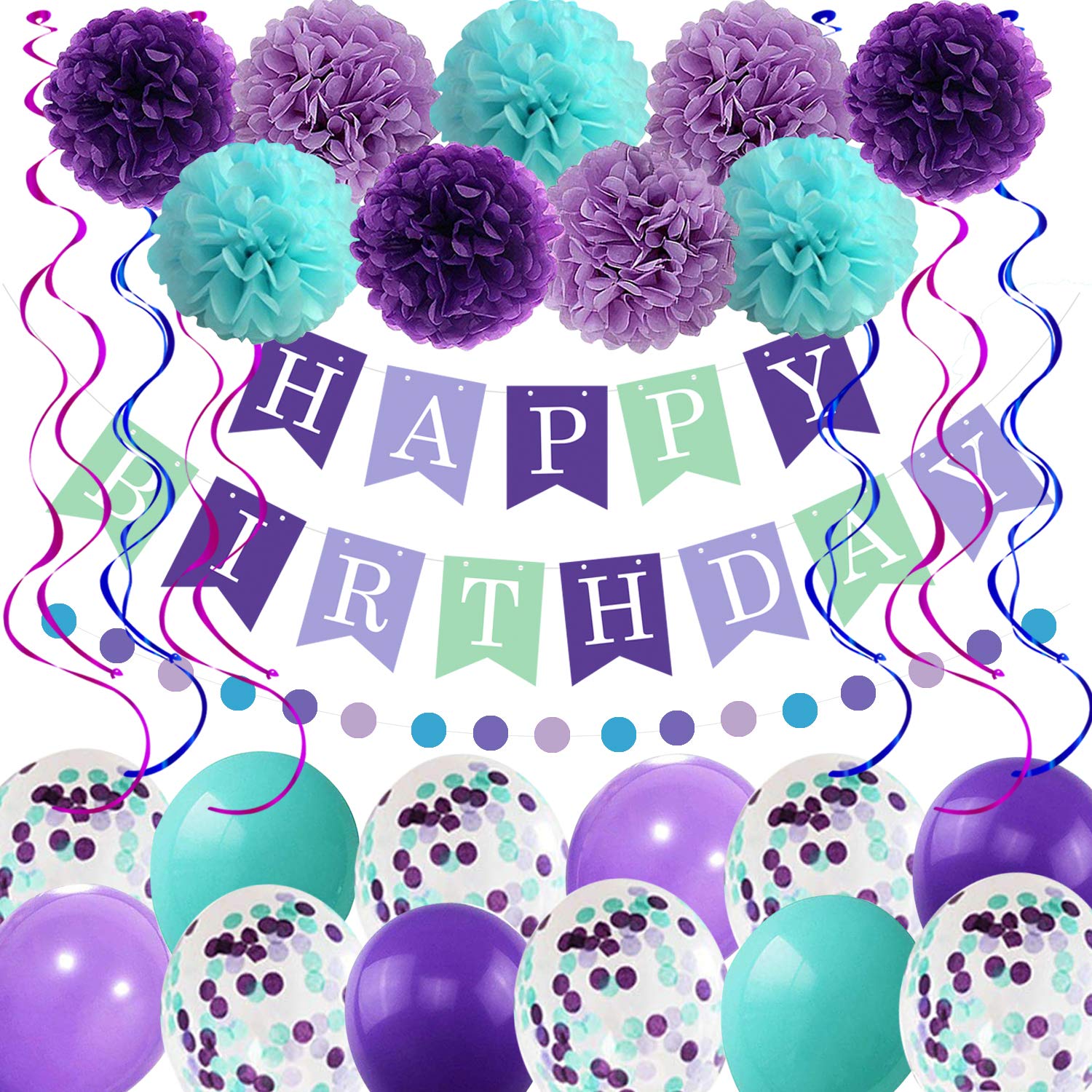 Mermaid Birthday Decorations for Girls Women, 29pcs Birthday Party Supplies Including Pom Poms Flowers Happy Birthday Banner Dots Garland Hanging Swirls and Balloons Purple Teal Confetti