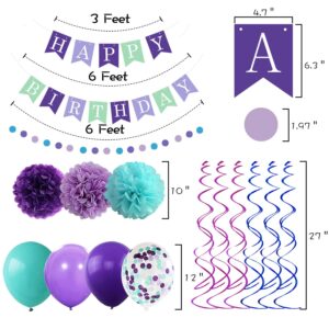 Mermaid Birthday Decorations for Girls Women, 29pcs Birthday Party Supplies Including Pom Poms Flowers Happy Birthday Banner Dots Garland Hanging Swirls and Balloons Purple Teal Confetti