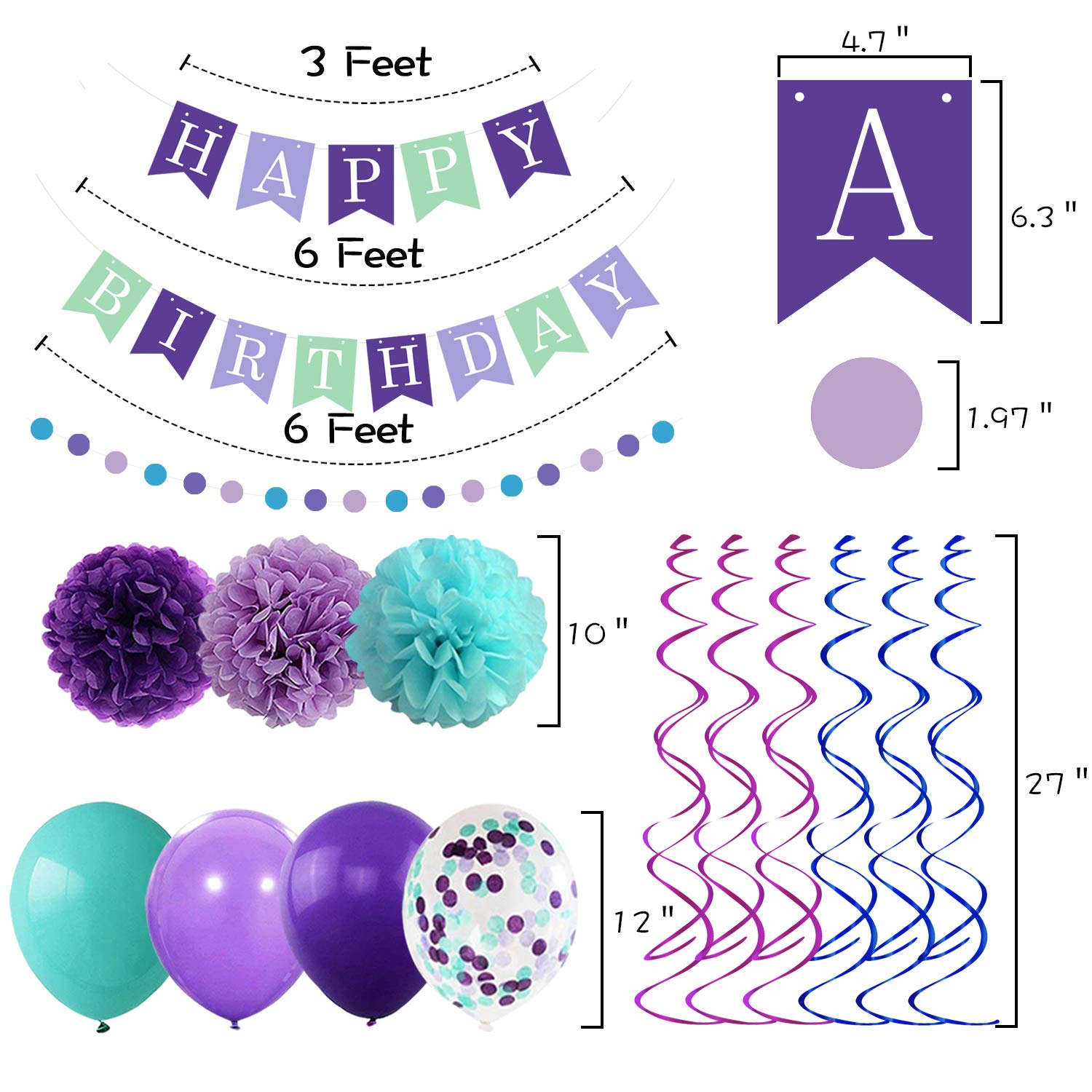 Mermaid Birthday Decorations for Girls Women, 29pcs Birthday Party Supplies Including Pom Poms Flowers Happy Birthday Banner Dots Garland Hanging Swirls and Balloons Purple Teal Confetti