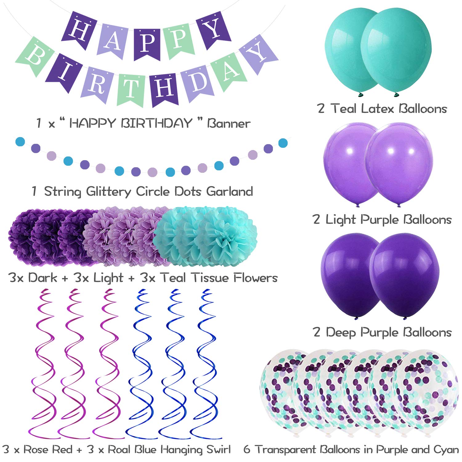 Mermaid Birthday Decorations for Girls Women, 29pcs Birthday Party Supplies Including Pom Poms Flowers Happy Birthday Banner Dots Garland Hanging Swirls and Balloons Purple Teal Confetti