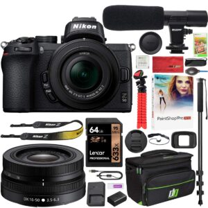 nikon z50 mirrorless camera body 4k uhd dx-format nikkor z dx 16-50mm f/3.5-6.3 vr lens bundle with deco gear deluxe gadget bag case + microphone + monopod + 64gb memory card & accessories