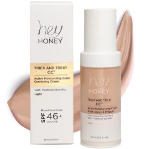 hey honey trick and treat cc² cream spf 46 | active moisturizing color correcting cream with honey & propolis | best cover for rosacea, skin redness & mature skin | cruelty-free | 1 oz (light tone)