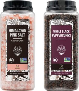 soeos himalayan pink salt 39 oz + whole black peppercorns 18 oz, kosher bulk, coarse salt, for grinder refill, peppercorns, pepper and grinder, non-gmo verified, kosher, spice seasoning set for cooking