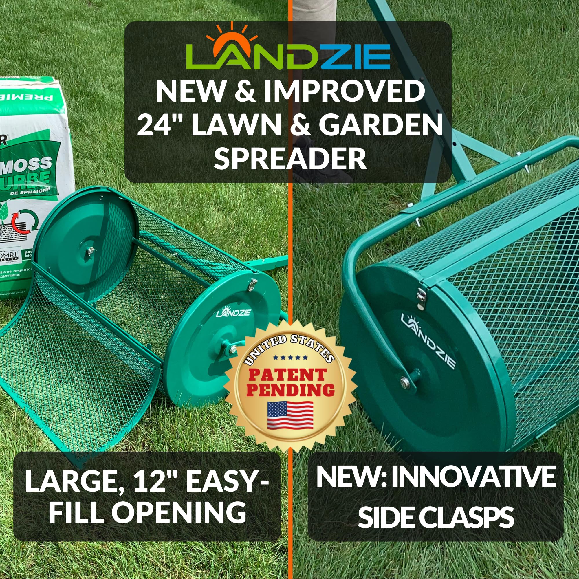 Landzie 24 Inch Wide 16 Inch Diameter Metal Mesh Basket Lawn and Garden Rolling Yard Soil, Peat Moss, Manure, and Compost Topdressing Push Spreader