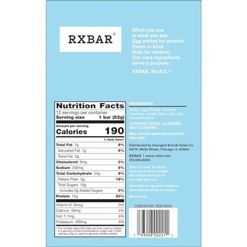 RXBAR Protein Bars, Protein Snack, Snack Bars, Vanilla Almond, 22oz Box (12 Bars)