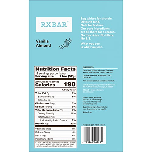 RXBAR Protein Bars, Protein Snack, Snack Bars, Vanilla Almond, 22oz Box (12 Bars)