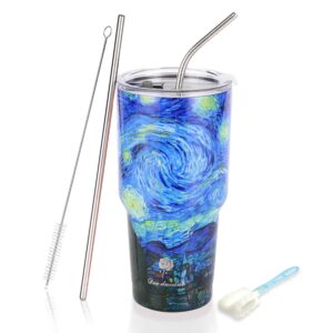 dee duoduo 30 oz tumbler double wall stainless steel vacuum insulated coffee cup with splash-proof lid, 2 metal straws and brush, travel mug for home office school (starry night-gogh)