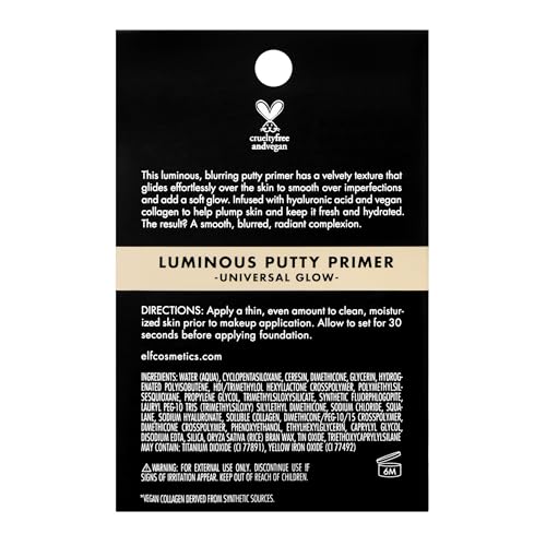 e.l.f. Luminous Putty Primer, Skin Perfecting, Lightweight, Silky, Long Lasting, Hydrates, Creates a Smooth Base, Illuminates, Plumps, Infused with hyaluronic acid and vegan collagen, 0.74 Oz