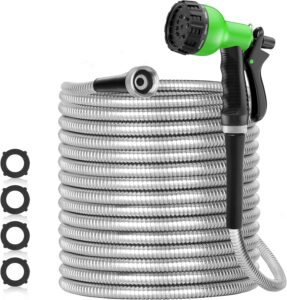 specilite 100ft 304 stainless steel garden hose metal, heavy duty water hoses with nozzles for yard, outdoor - flexible, never kink & tangle, puncture resistant (sliver)