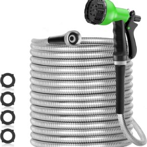 SPECILITE 100ft 304 Stainless Steel Garden Hose Metal, Heavy Duty Water Hoses with Nozzles for Yard, Outdoor - Flexible, Never Kink & Tangle, Puncture Resistant (Sliver)