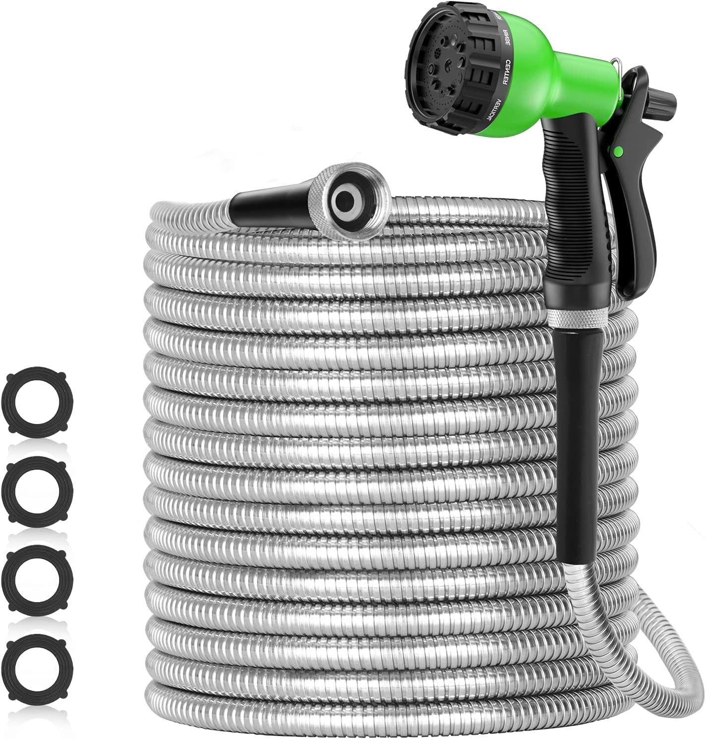 SPECILITE 100ft 304 Stainless Steel Garden Hose Metal, Heavy Duty Water Hoses with Nozzles for Yard, Outdoor - Flexible, Never Kink & Tangle, Puncture Resistant (Sliver)