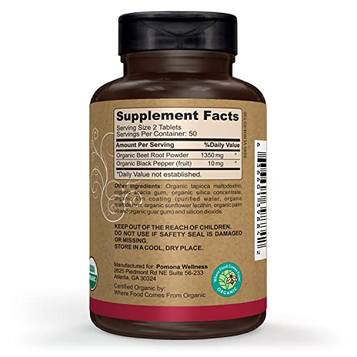 Pomona Wellness Beet Root Supplement Powder 1350mg, Supports Blood Pressure, Heart Health, Circulation, Energy & Athletic Performance, USDA Organic, Non-GMO, Vegan, 100 Tablets