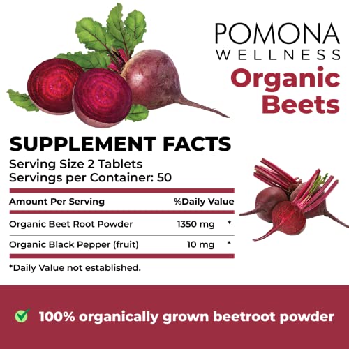 Pomona Wellness Beet Root Supplement Powder 1350mg, Supports Blood Pressure, Heart Health, Circulation, Energy & Athletic Performance, USDA Organic, Non-GMO, Vegan, 100 Tablets