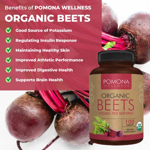 Pomona Wellness Beet Root Supplement Powder 1350mg, Supports Blood Pressure, Heart Health, Circulation, Energy & Athletic Performance, USDA Organic, Non-GMO, Vegan, 100 Tablets