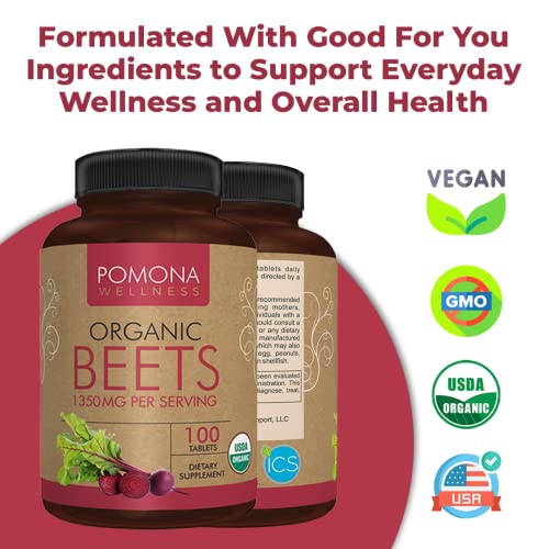 Pomona Wellness Beet Root Supplement Powder 1350mg, Supports Blood Pressure, Heart Health, Circulation, Energy & Athletic Performance, USDA Organic, Non-GMO, Vegan, 100 Tablets