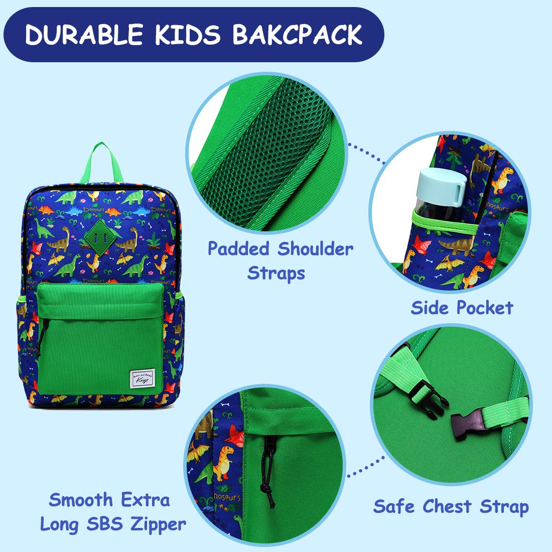 Kasqo Kids Backpack, Lightweight Water Resistant Preschool Rucksack for Little Boys and Girls with Water Bottle Pockets (Green)