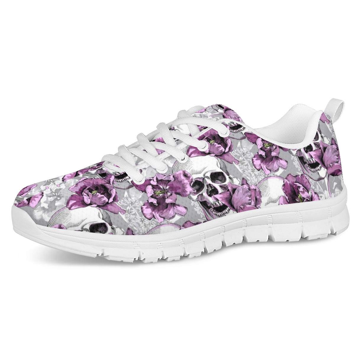 Mumeson Women Floral Skull Print Low Top Lightweight Running Shoes Air Mesh Girls Go Easy Walking Comfy Sneakers US7