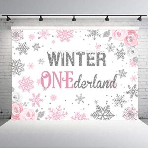 aperturee 7x5ft winter onederland backdrop, newborn baby girl's first 1st christmas birthday snowflake background photography holiday pink silver party decoration photo booth candy table decor banner