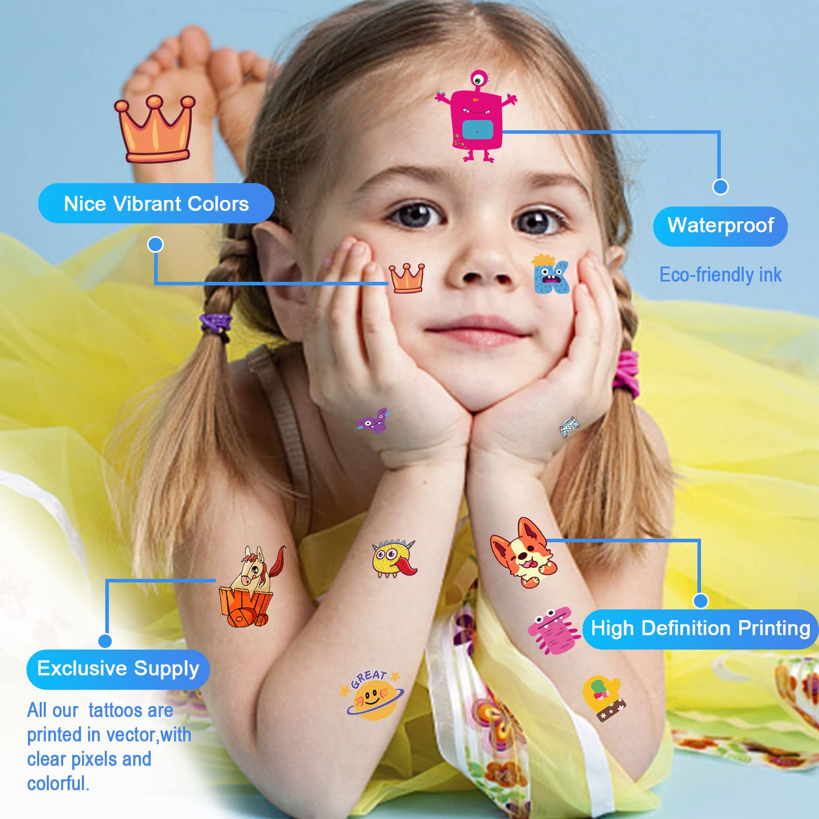 Aresvns Children's temporary tattoo 340+ Designs,20 sheets Cute fake tattoos for Girls and Boys, Waterproof, non-toxic and easy to remove