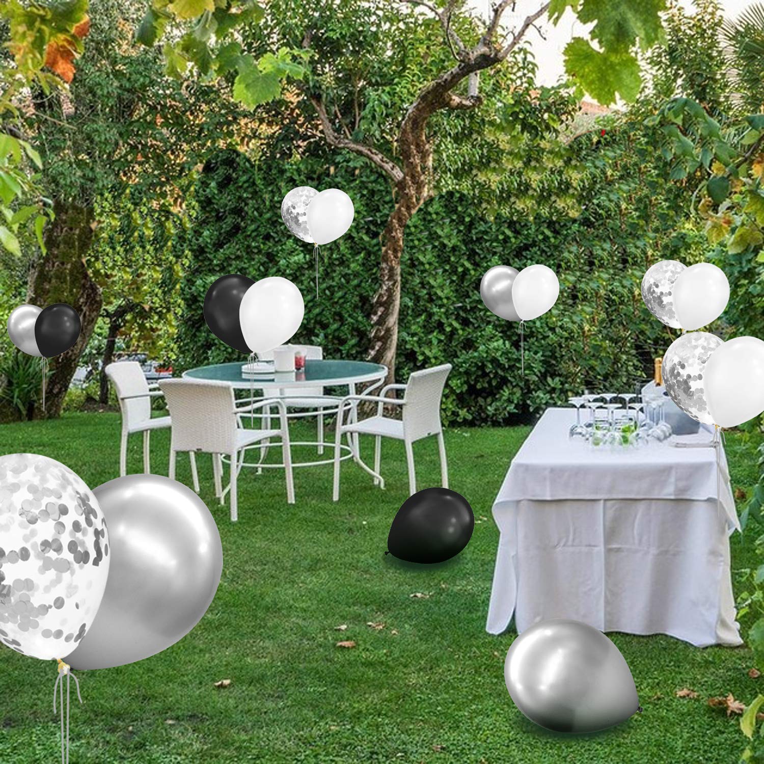 Tuoyi 100pcs Chrome Metallic Balloons,12 Inch Black White and Silver Balloons, Confetti Balloons for Wedding Engagement Black Party Decorations, Birthday Balloons