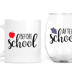 Before School After School Teacher Mug and Teacher Wine Glass Set – Funny Principal Gifts – Coffee Mug and Stemless Wine Glass for Teacher Appreciation and Professor – Because Students