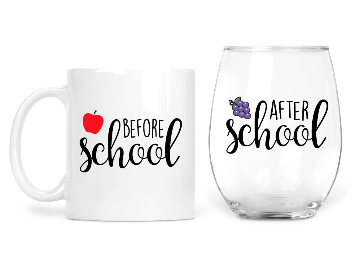 Before School After School Teacher Mug and Teacher Wine Glass Set – Funny Principal Gifts – Coffee Mug and Stemless Wine Glass for Teacher Appreciation and Professor – Because Students